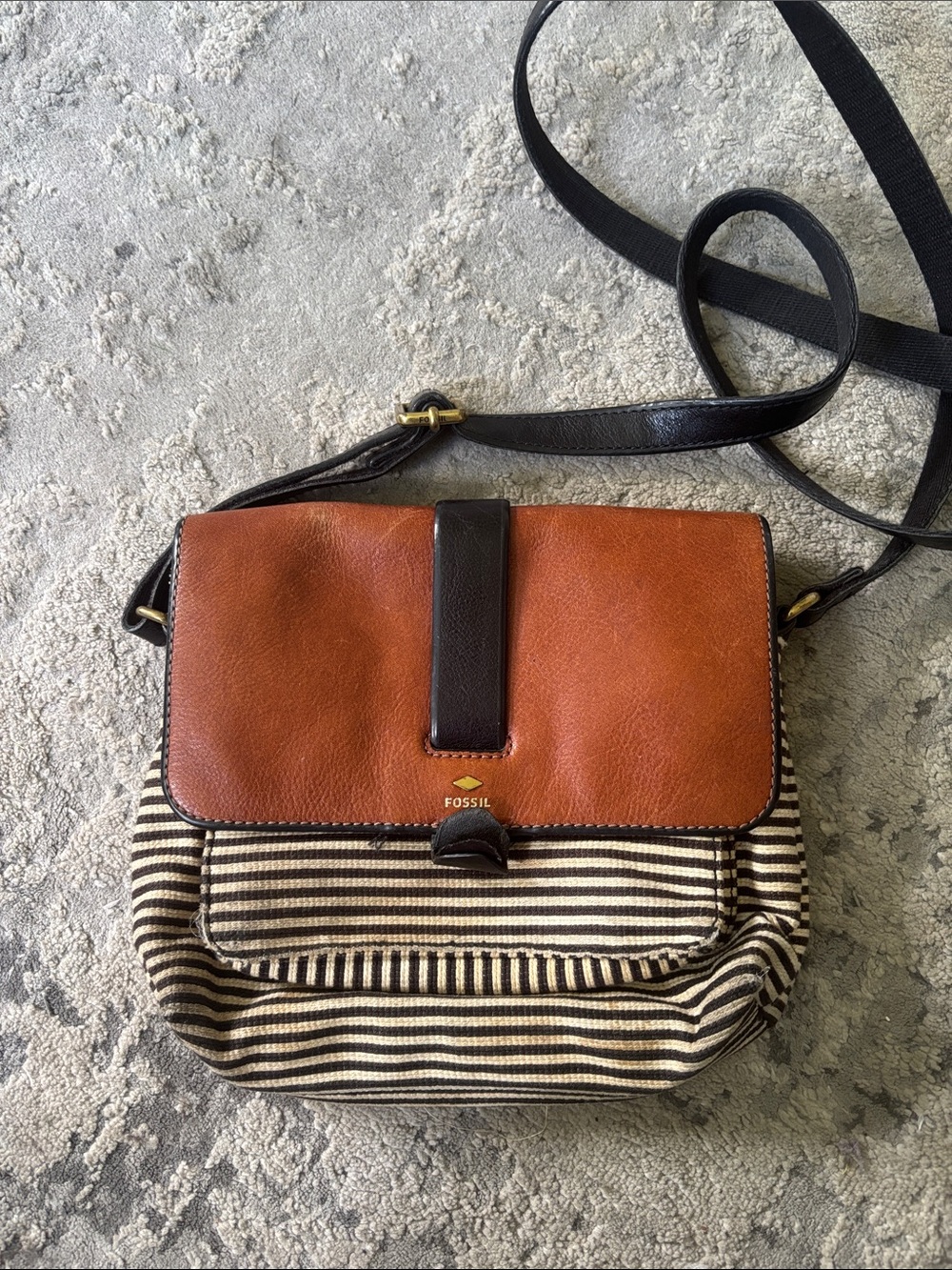 Fossil Tan Leather Flap & Black-White Stripe Crossbody Bag